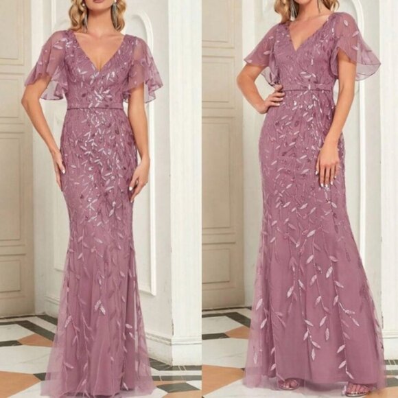 Luxe floral embroidered mesh sequins party formal prom wedding gown dress - Picture 1 of 8